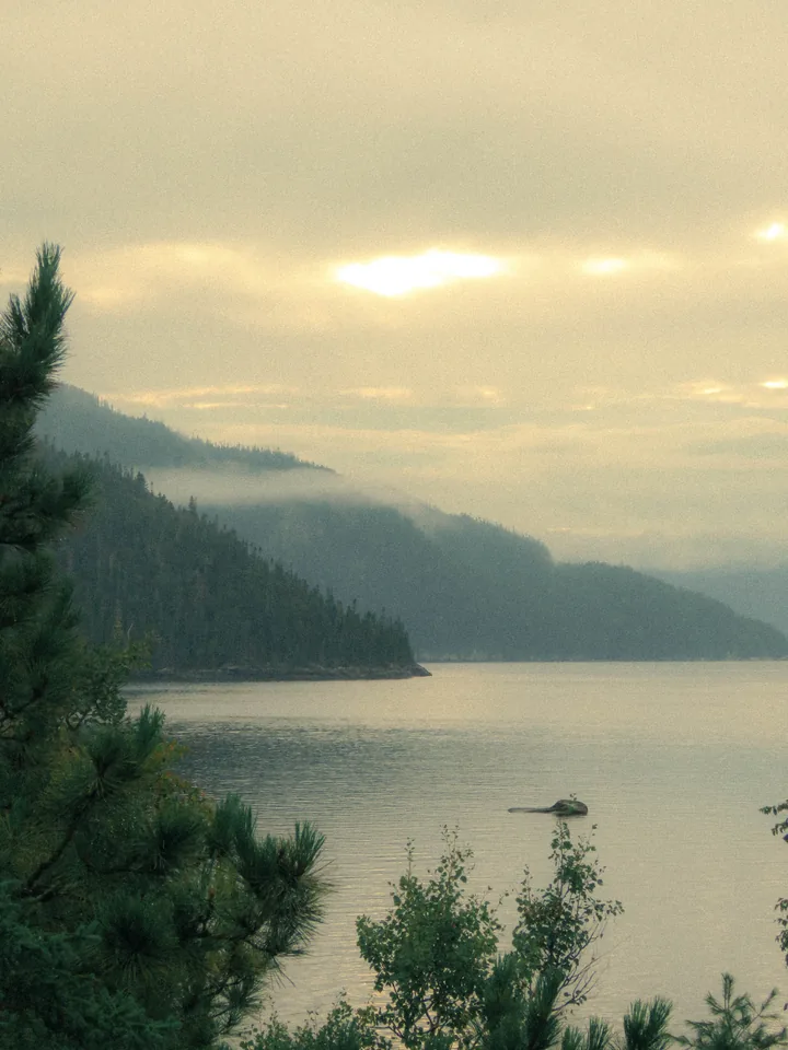 Soft light through clouds above forested hills and still water