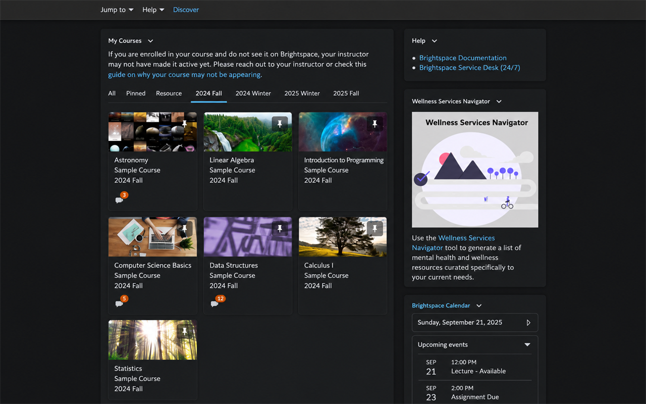 An anonymized Brightspace dashboard using the Brightspace Dark+ theme